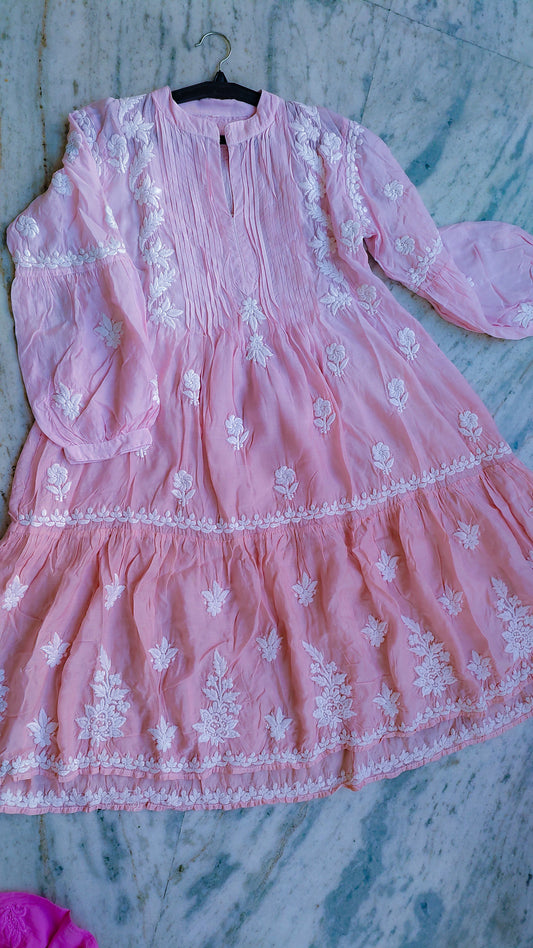 Beautiful Ombre Peach Midi Dress Pure Handcrafted Luxurious Chikankari