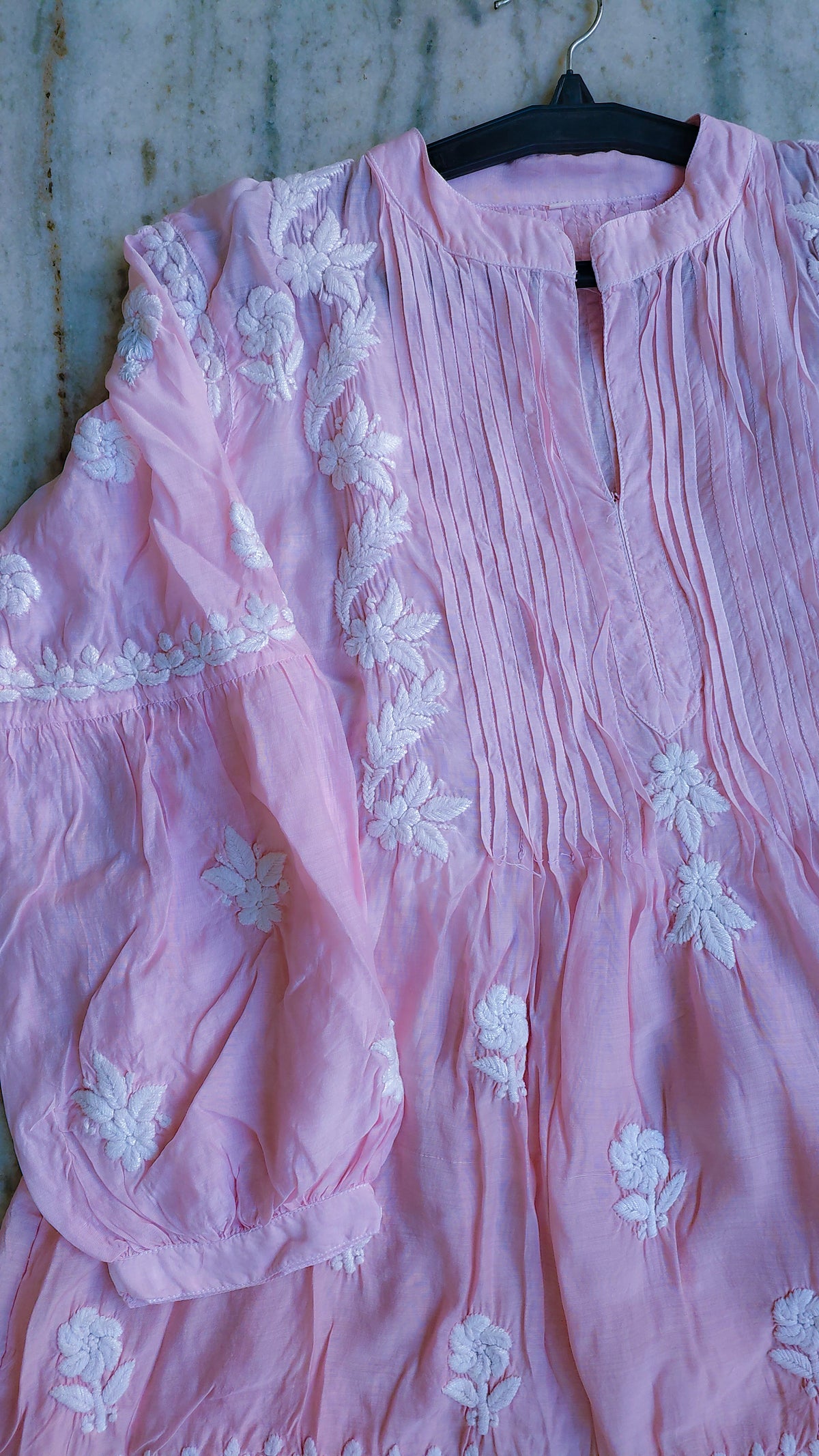Beautiful ombre peach midi dress by LVW Fashions featuring handcrafted luxurious Chikankari embroidery.