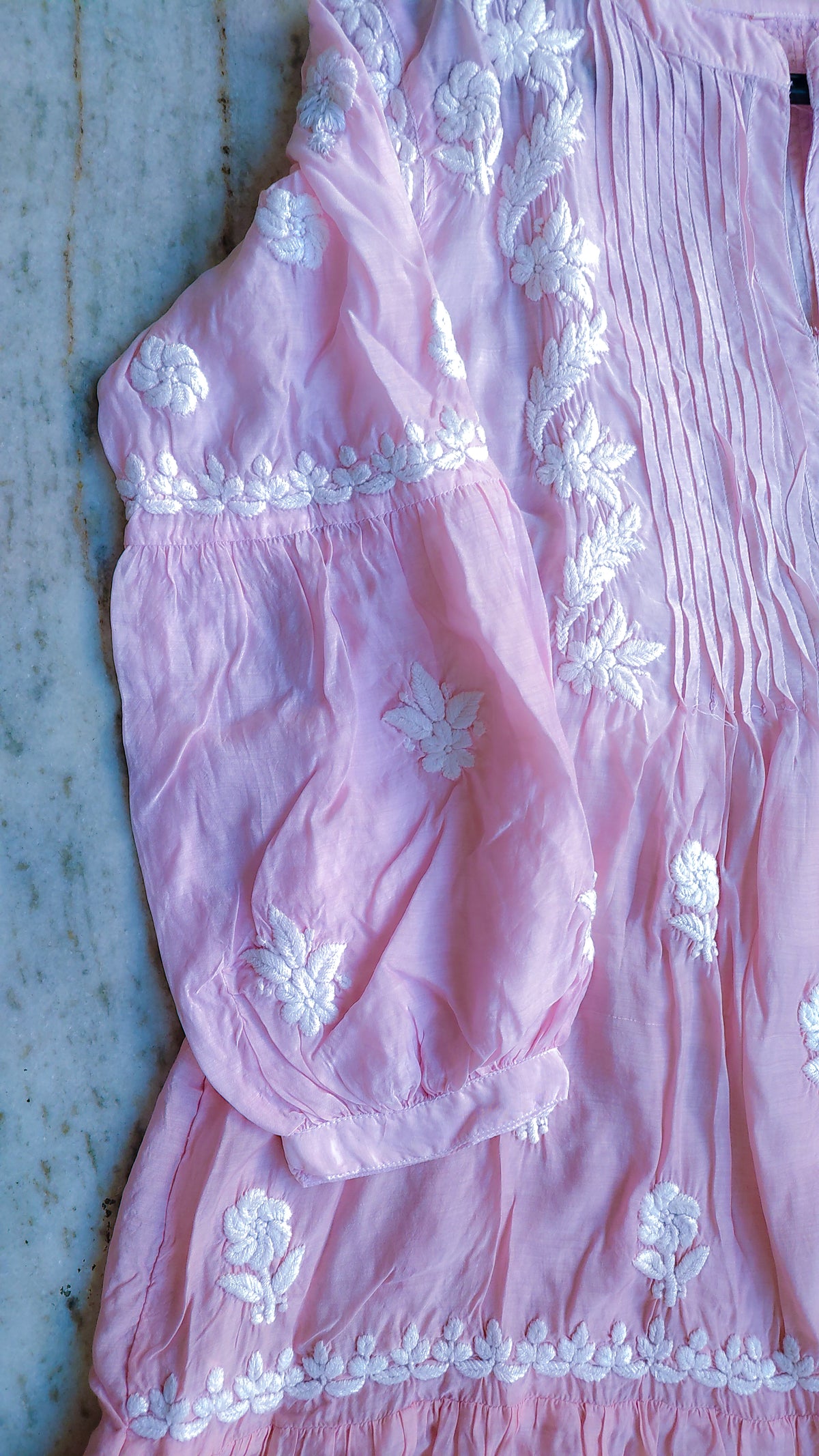 Beautiful ombre peach midi dress by LVW Fashions featuring handcrafted luxurious Chikankari embroidery, perfect for elegant occasions.