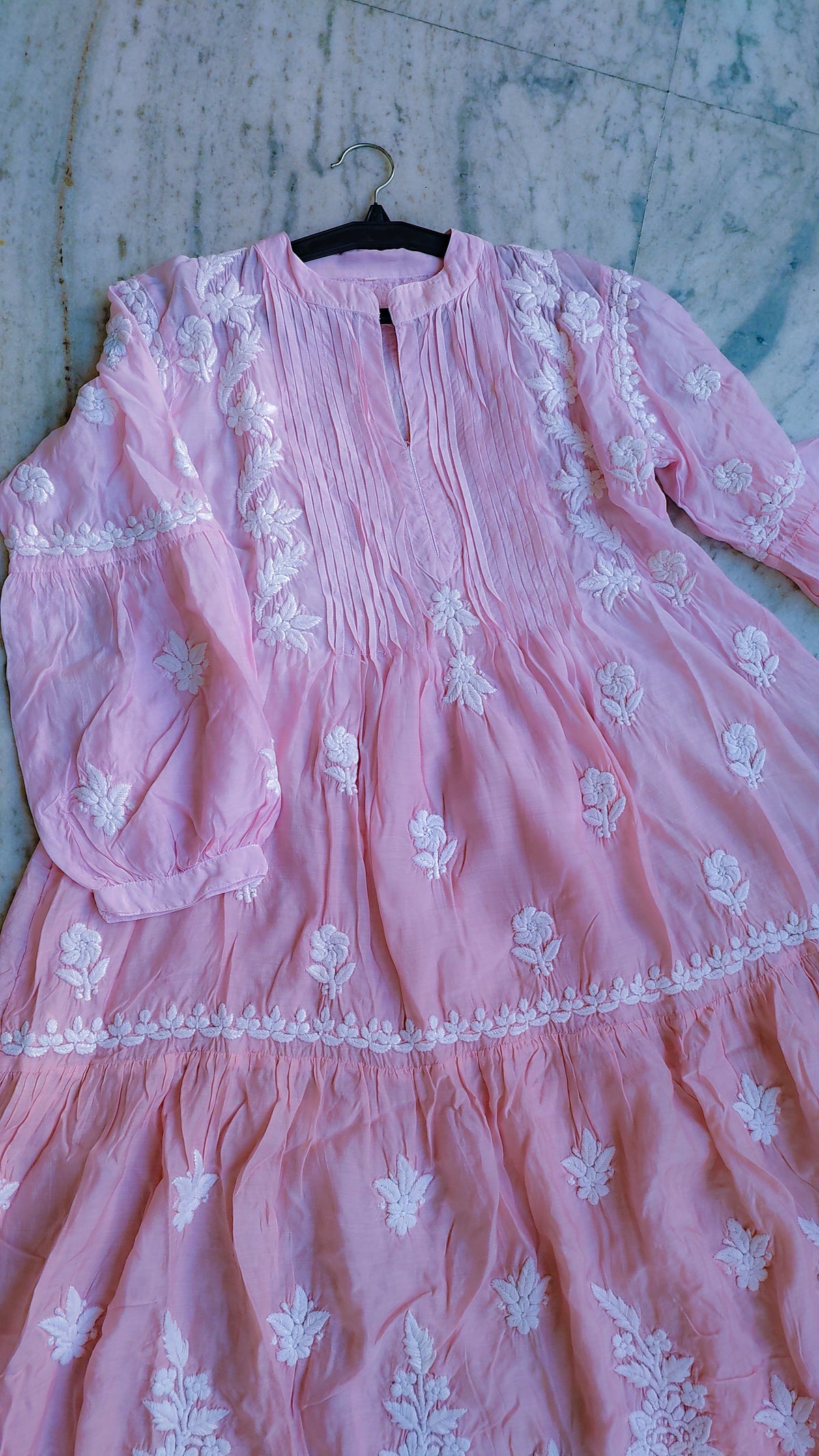 Beautiful ombre peach midi dress by LVW Fashions featuring handcrafted luxurious Lucknow chikankari embroidery.