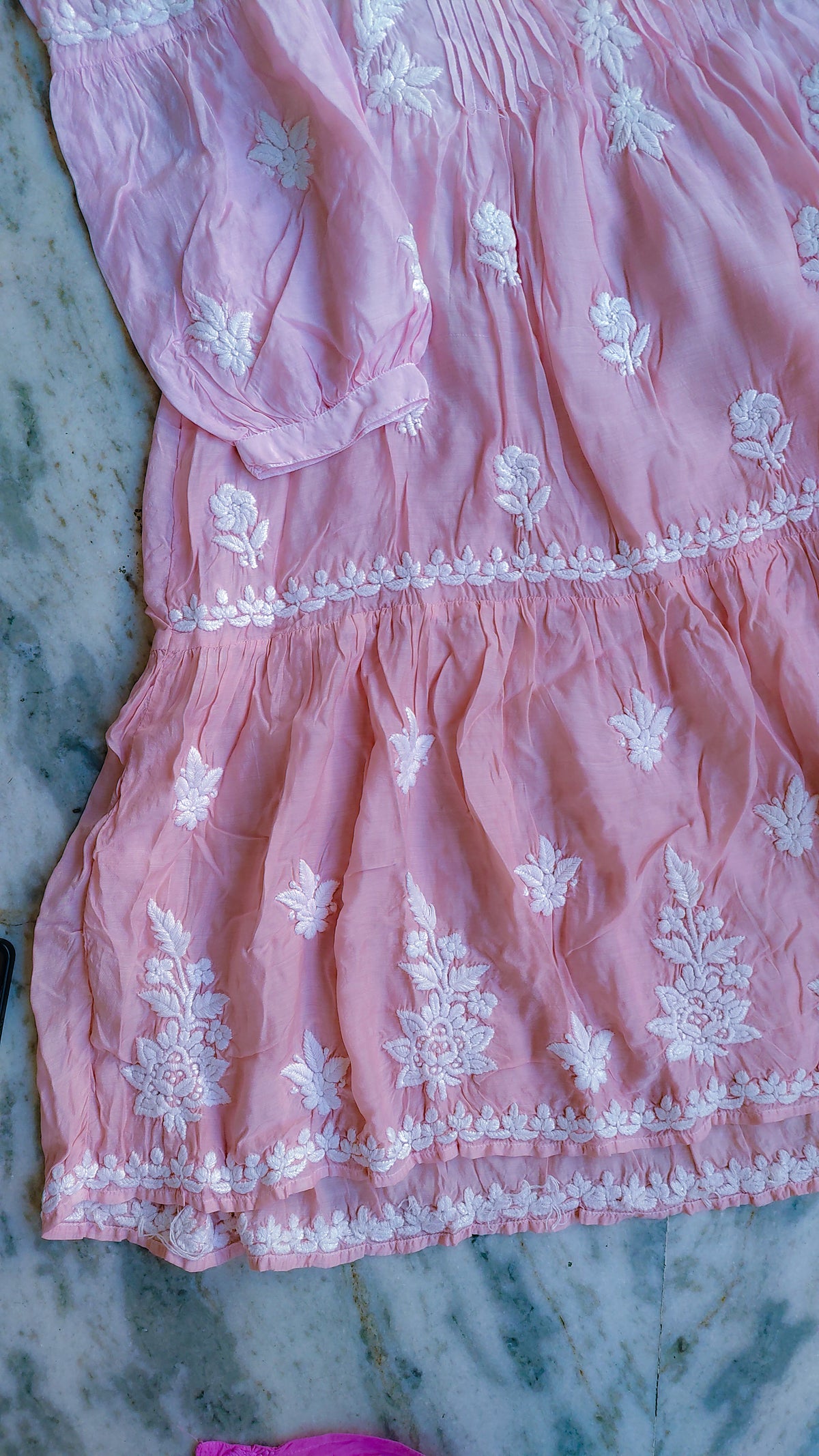 Beautiful ombre peach midi dress by LVW Fashions featuring handcrafted luxurious Lucknow chikankari embroidery.