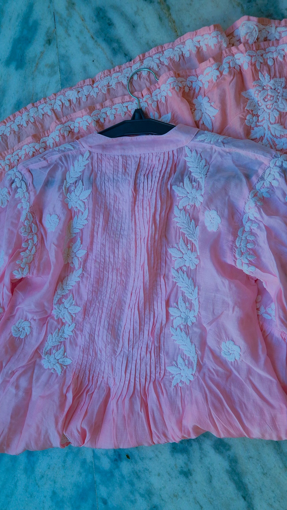 Beautiful ombre peach midi dress by LVW Fashions featuring handcrafted luxurious Lucknow chikankari embroidery.
