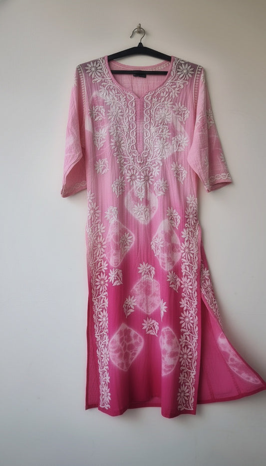 Beautiful pink LVW Fashions pure mul cotton DO TAAR Chikankari Kurti for women, handmade Lucknow chikankari with intricate embroidery.