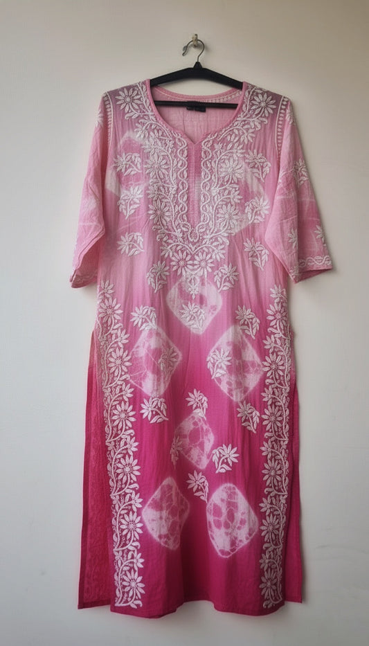 Beautiful pink shade pure mul cotton DO TAAR Chikankari Kurti for women, handmade Lucknow Chikankari by LVW Fashions.