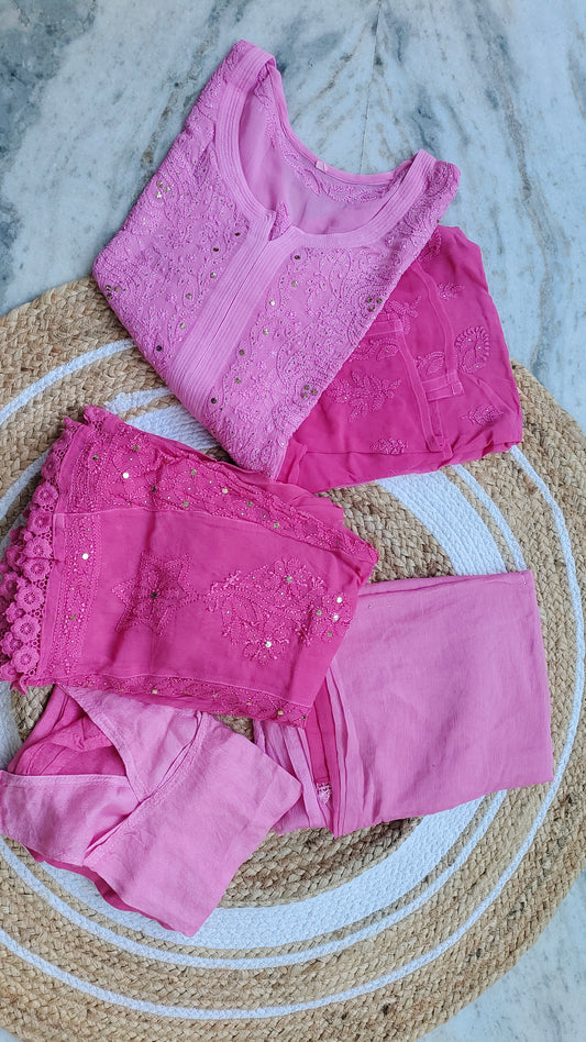 Beautiful pinkish premium georgette Chikankari Mukaish Sharara set with handmade Lucknow Chikankari kurta, designed by LVW Fashions.