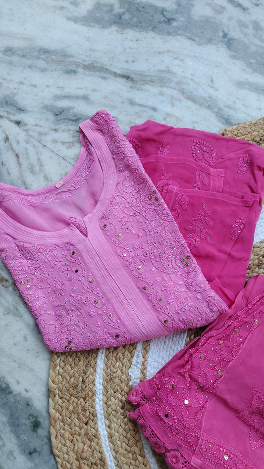 Beautiful pinkish premium georgette Chikankari Mukaish Sharara set with intricate embroidery, handmade Kurta, from LVW Fashions.
