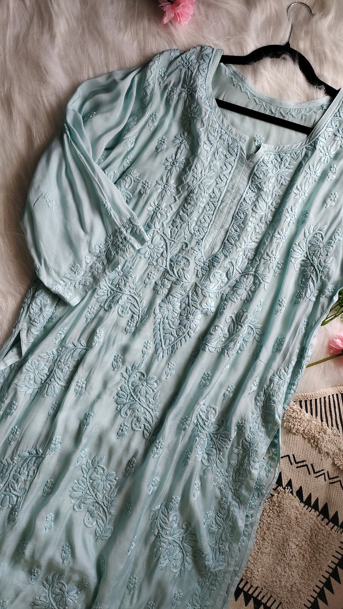 Plus size premium silk Chikankari kurta by LVW Fashions with intricate handmade Lucknow embroidery and luxurious appearance.