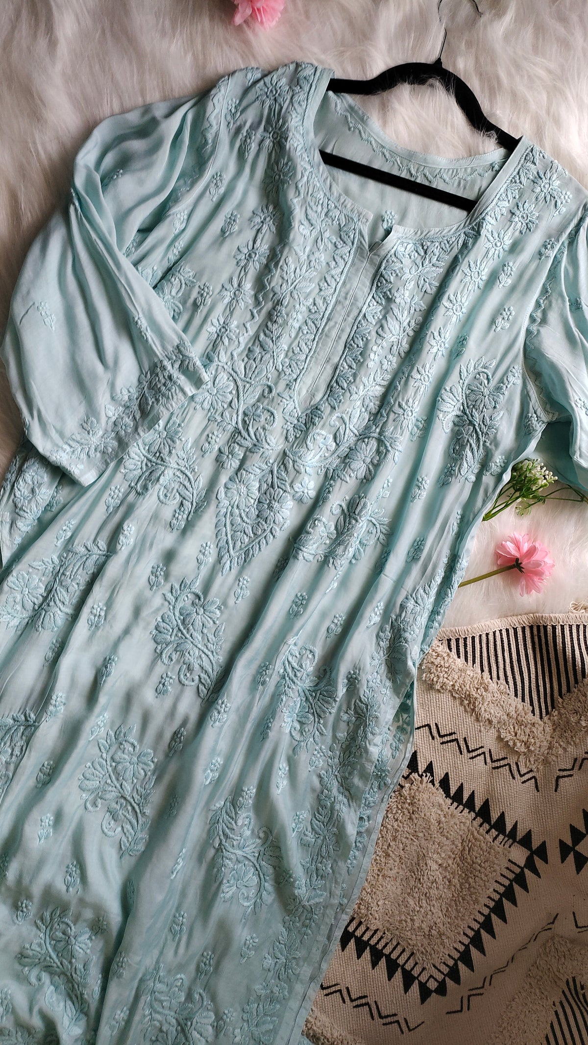 Beautiful plus size premium silk Chikankari kurta by LVW Fashions featuring intricate Lucknow embroidery and luxurious look.