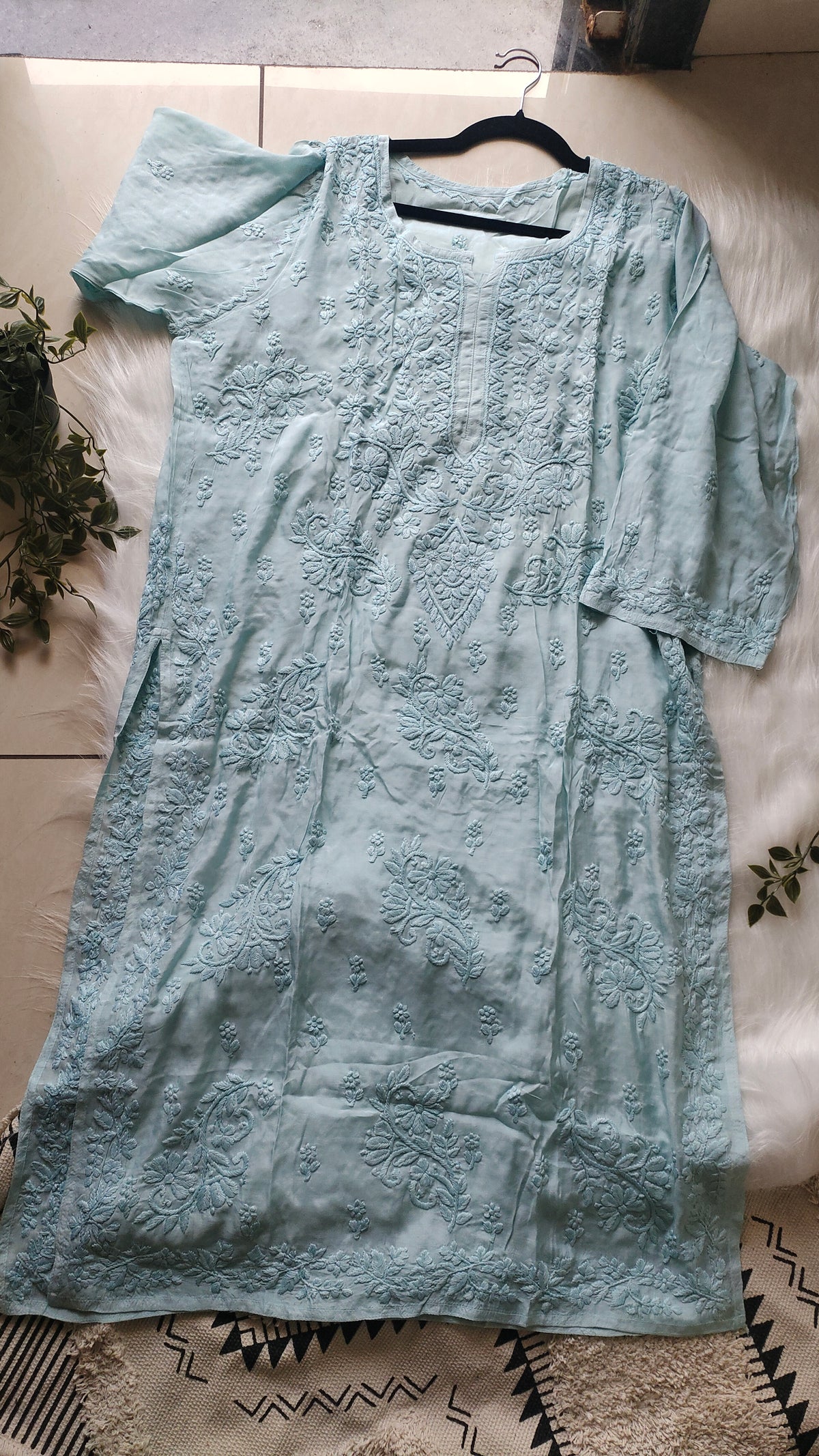 Beautiful plus size premium silk Chikankari kurta by LVW Fashions featuring intricate handmade Lucknow-style embroidery.