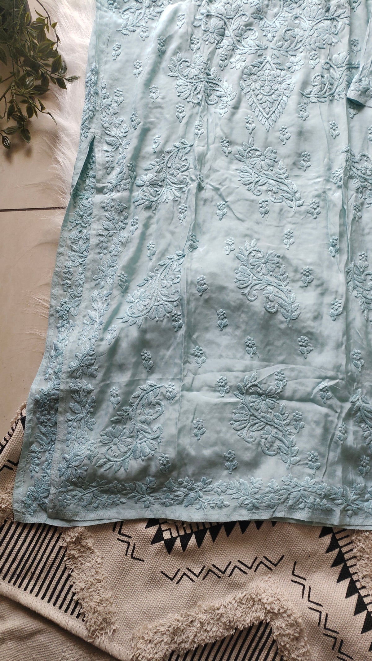 Beautiful plus size luxury silk Chikankari Kurta by LVW Fashions featuring intricate handmade Lucknow embroidery.