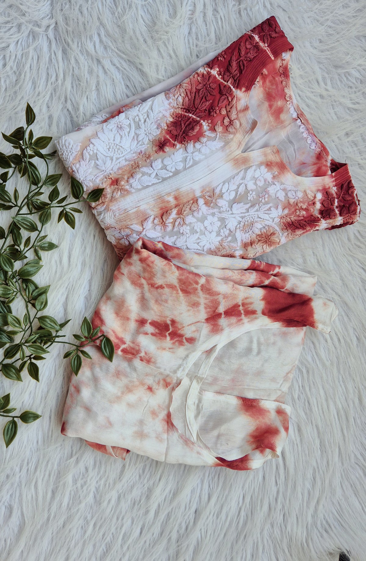 Beautiful handmade Georgatte tie-dye Chikankari kurta by LVW Fashions, featuring intricate Lucknow-style embroidery.
