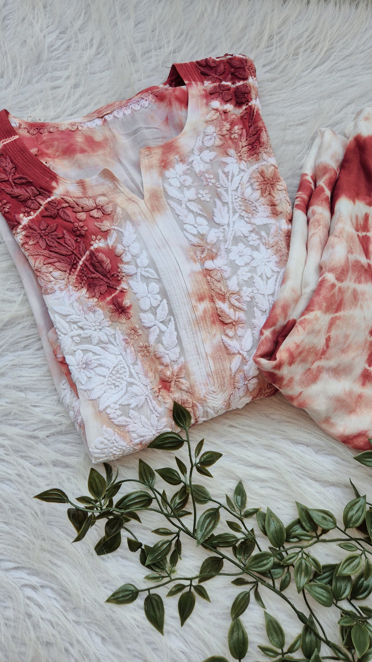 Beautiful handmade Georgatte tie-dye Chikankari Kurta by LVW Fashions, featuring intricate Lucknow Chikankari embroidery.