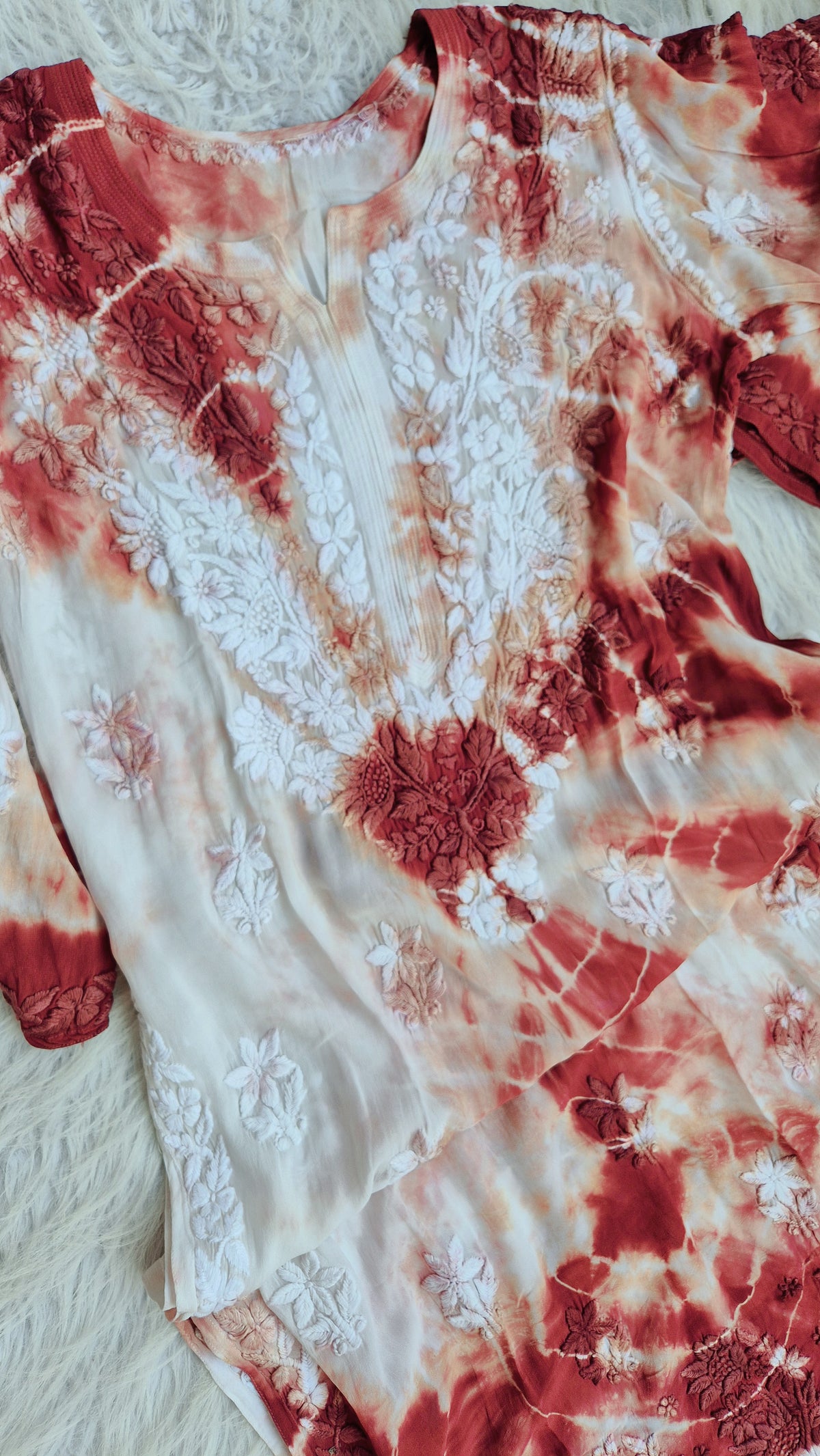 Beautiful handmade Georgatte tie-dye Chikankari Kurta by LVW Fashions, featuring intricate Lucknow Chikankari embroidery.