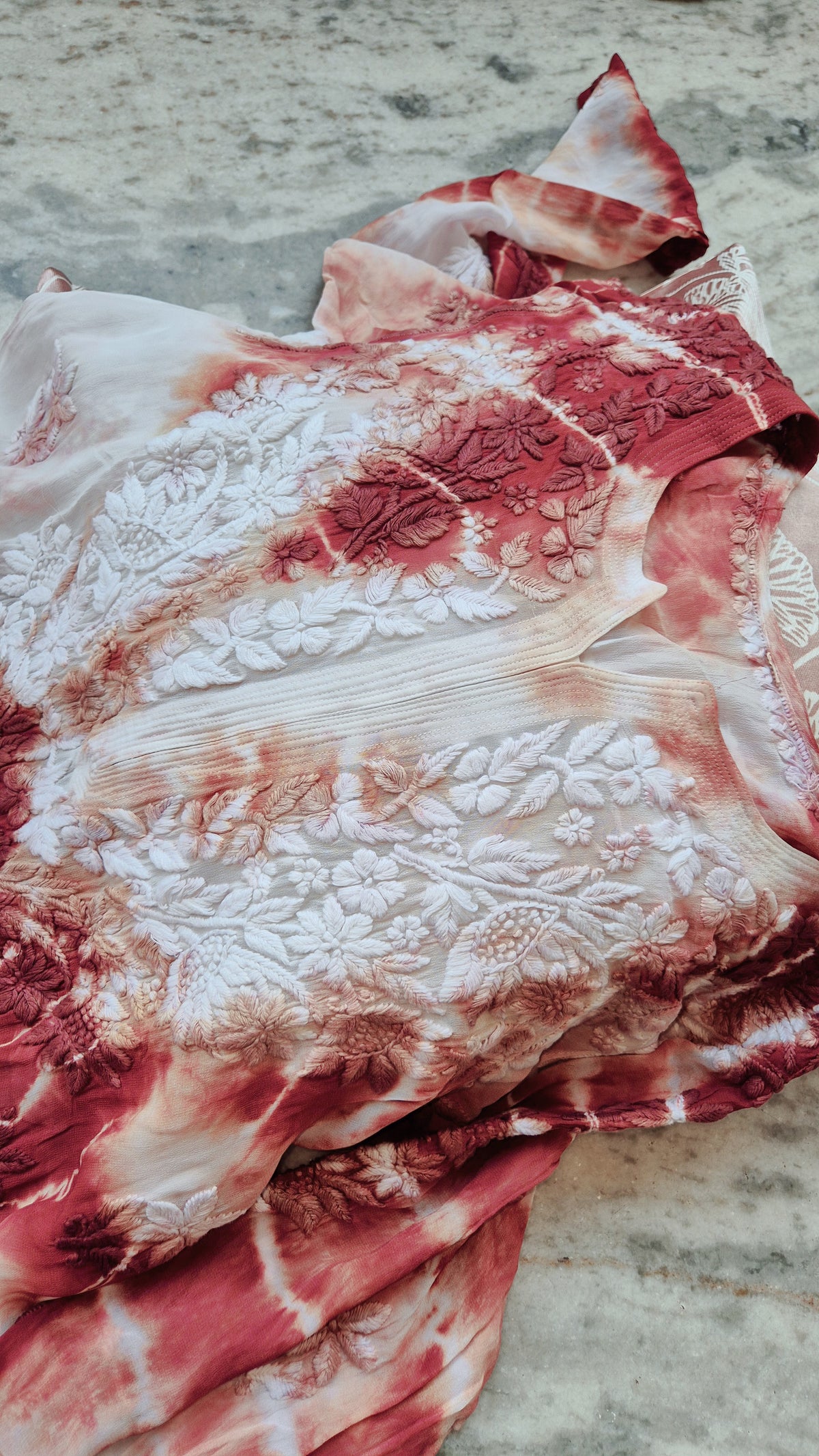 Beautiful premium Georgatte tie-dye Chikankari Kurta by LVW Fashions, handmade in Lucknow with intricate embroidery.