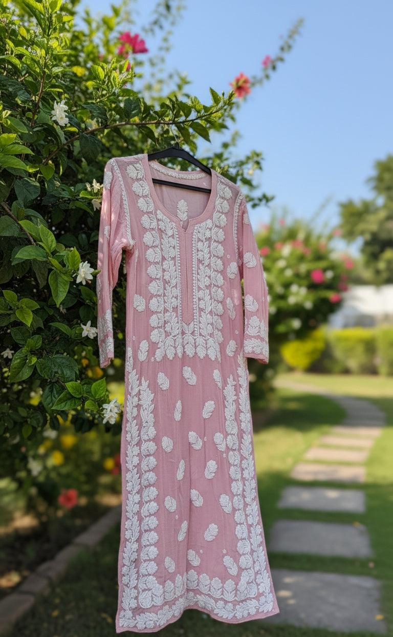 Beautiful premium georgette long kurta with intricate handmade Lucknow chikankari embroidery by LVW Fashions.