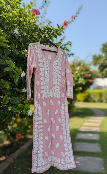 Beautiful premium georgette long kurta with intricate handmade Lucknow chikankari embroidery by LVW Fashions.