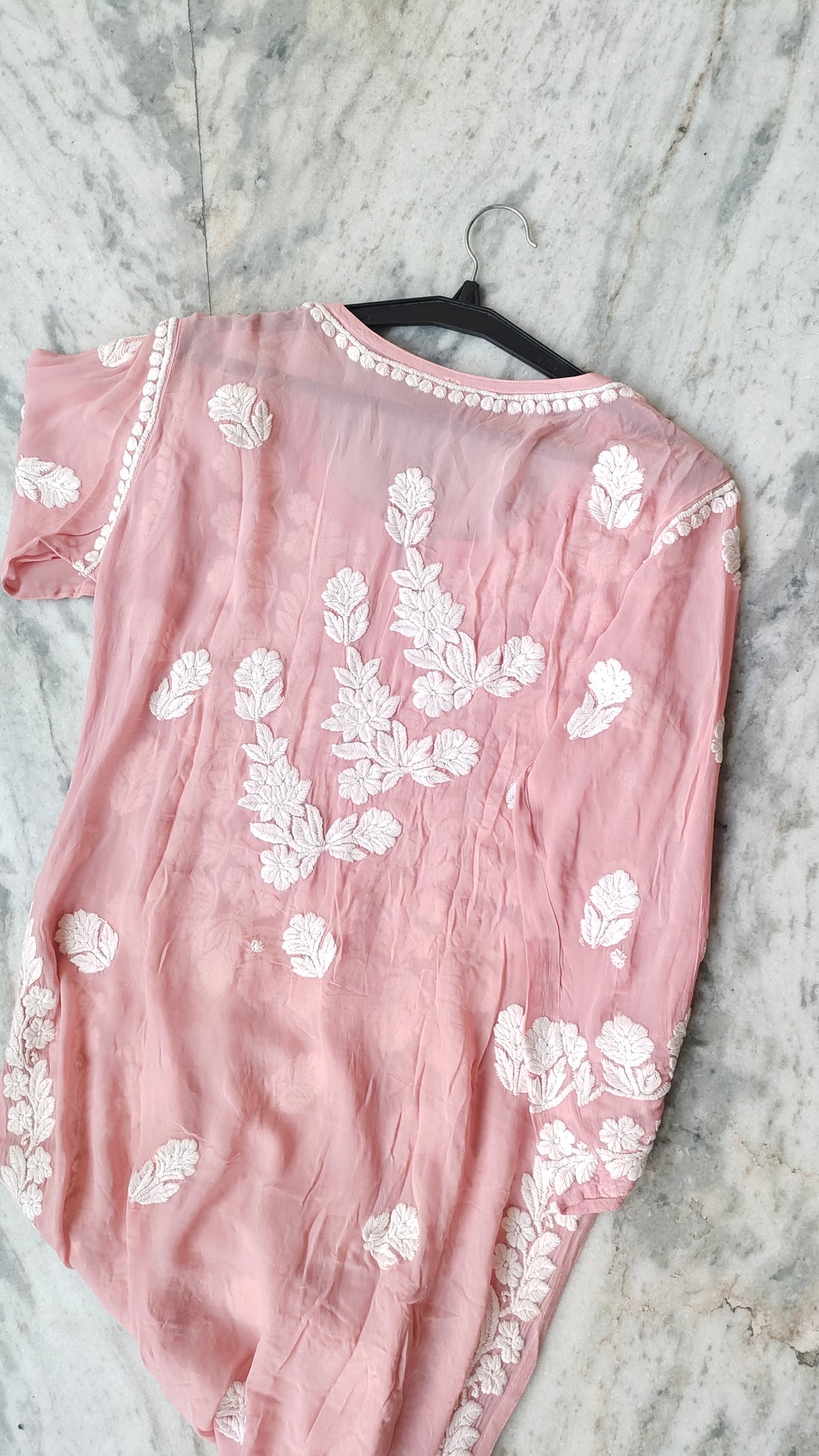 Beautiful premium georgette long kurta with intricate handmade Lucknow chikankari embroidery, showcasing luxurious craftsmanship.