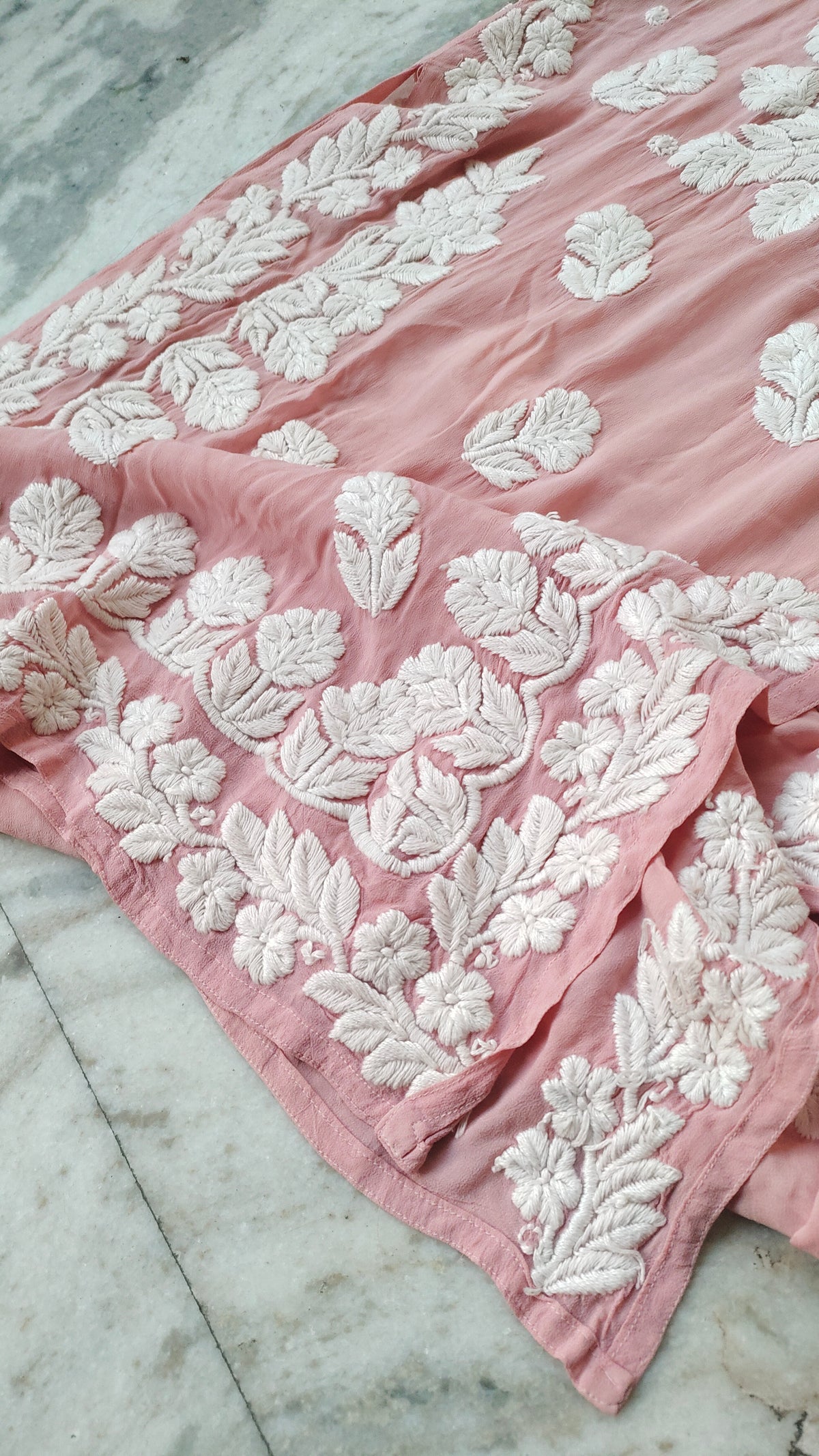 Beautiful premium georgette long kurta with intricate handmade Lucknow chikankari embroidery by LVW Fashions.