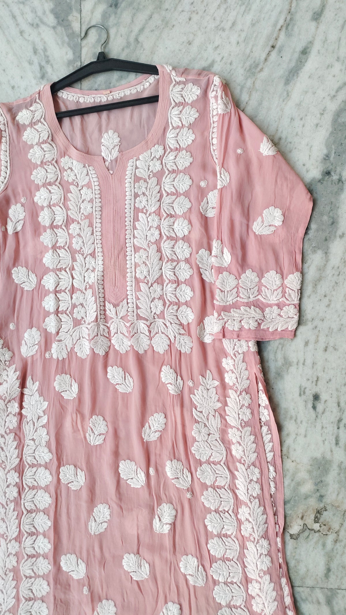 Beautiful premium georgette long kurta with intricate handmade Lucknow chikankari from LVW Fashions.