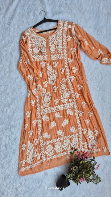 Beautiful premium silk Chikankari long midi tunic by LVW Fashions, handmade with intricate Lucknow Chikankari embroidery.