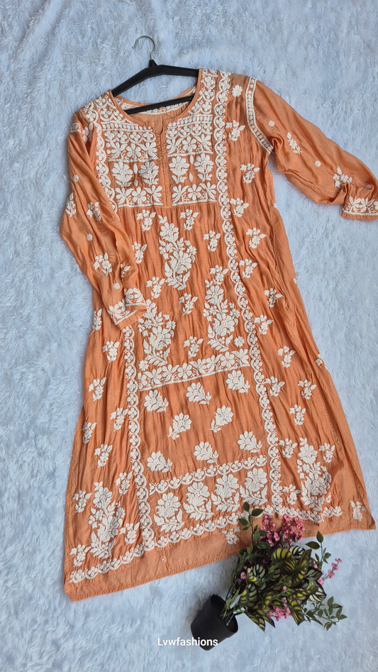Beautiful premium silk Chikankari long midi tunic by LVW Fashions, handmade with intricate Lucknow Chikankari embroidery.