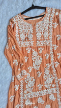 Beautiful premium silk Chikankari long midi tunic by LVW Fashions, featuring intricate Lucknow Chikankari embroidery.