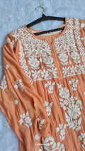 Beautiful premium silk Chikankari long midi tunic by LVW Fashions, handcrafted Lucknow Chikankari kurta in intricate embroidery.
