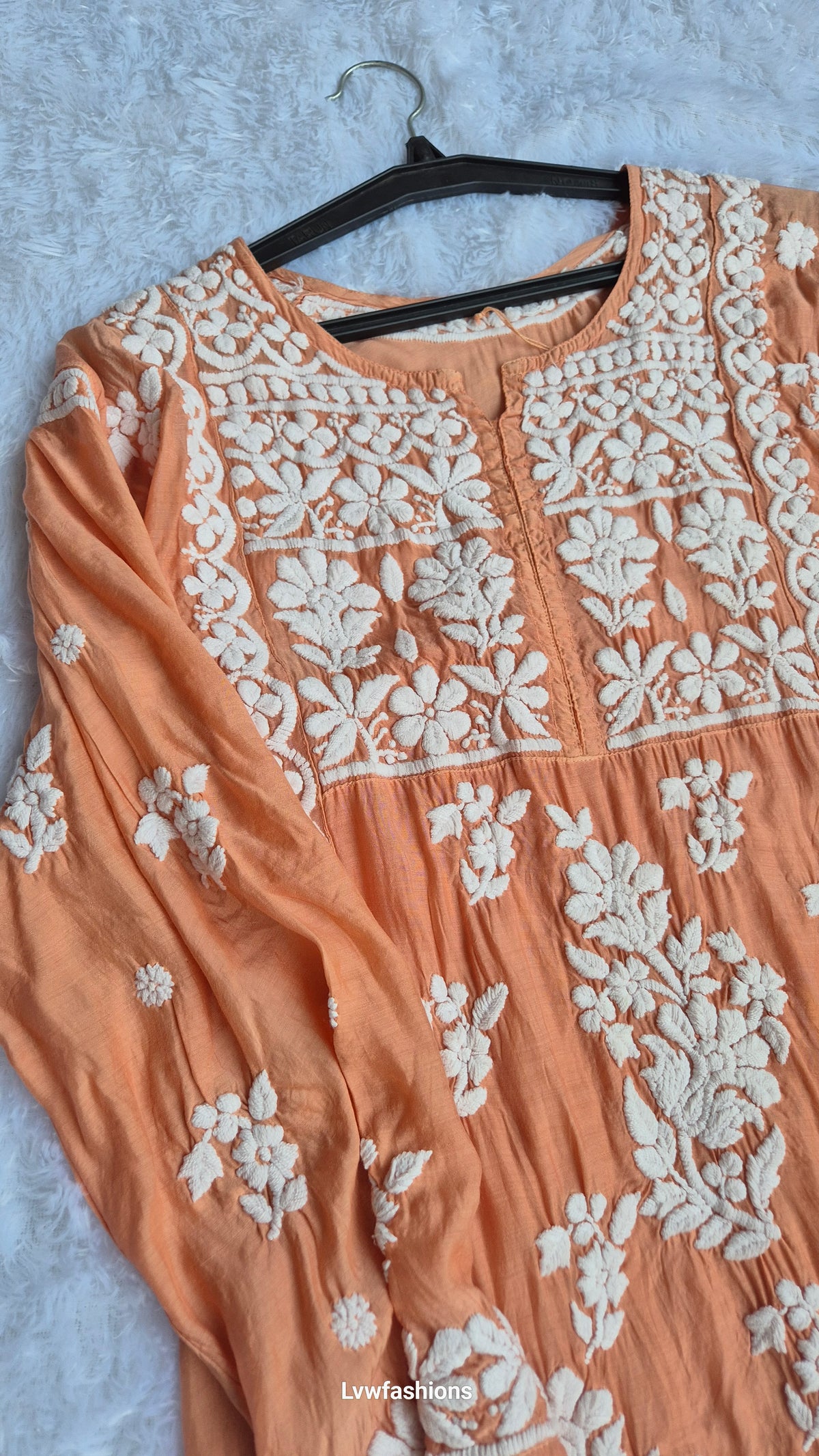 Beautiful premium silk Chikankari long midi tunic by LVW Fashions, handcrafted Lucknow Chikankari kurta in intricate embroidery.