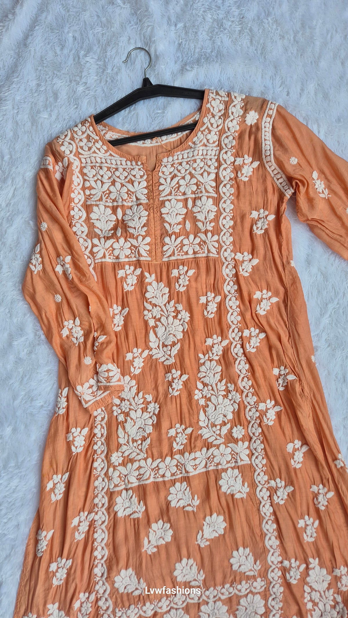 Beautiful premium silk chikankari long midi tunic by LVW Fashions with intricate Lucknow chikankari embroidery.