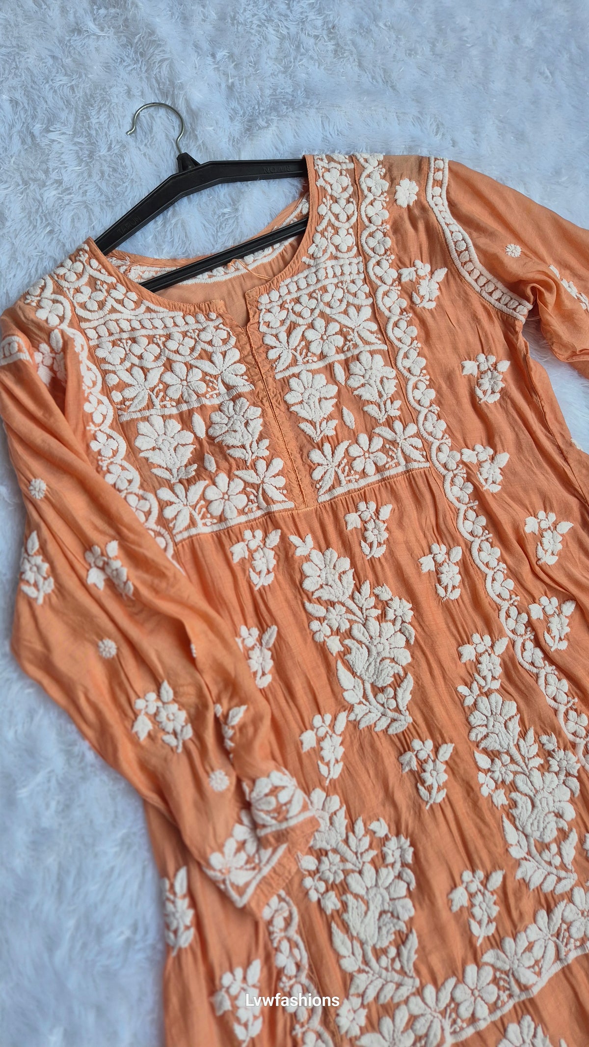 Beautiful premium silk Chikankari long midi tunic by LVW Fashions featuring intricate handmade Lucknow Chikankari embroidery.