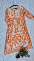 Beautiful premium silk chikankari long midi tunic by LVW Fashions, showcasing intricate handmade Lucknow chikankari embroidery.