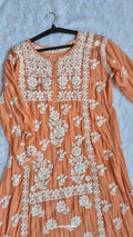 Beautiful premium silk Chikankari long midi tunic by LVW Fashions, showcasing intricate Lucknow embroidery and elegant craftsmanship.