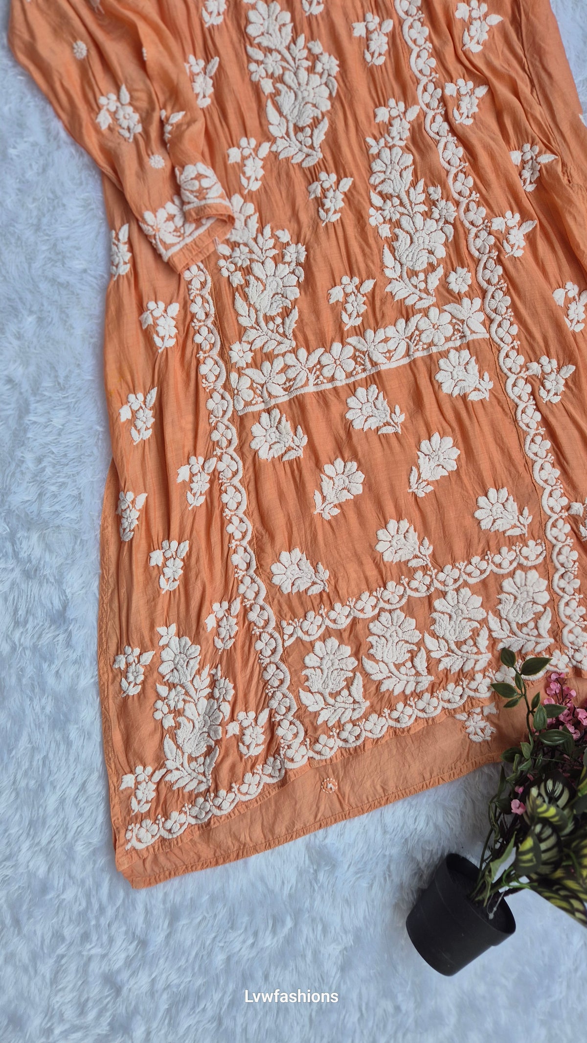 Beautiful premium silk Chikankari long midi tunic by LVW Fashions featuring intricate handmade Lucknow embroidery.