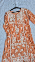 Beautiful premium silk Chikankari long midi tunic by LVW Fashions featuring intricate handmade Lucknow Chikankari embroidery.