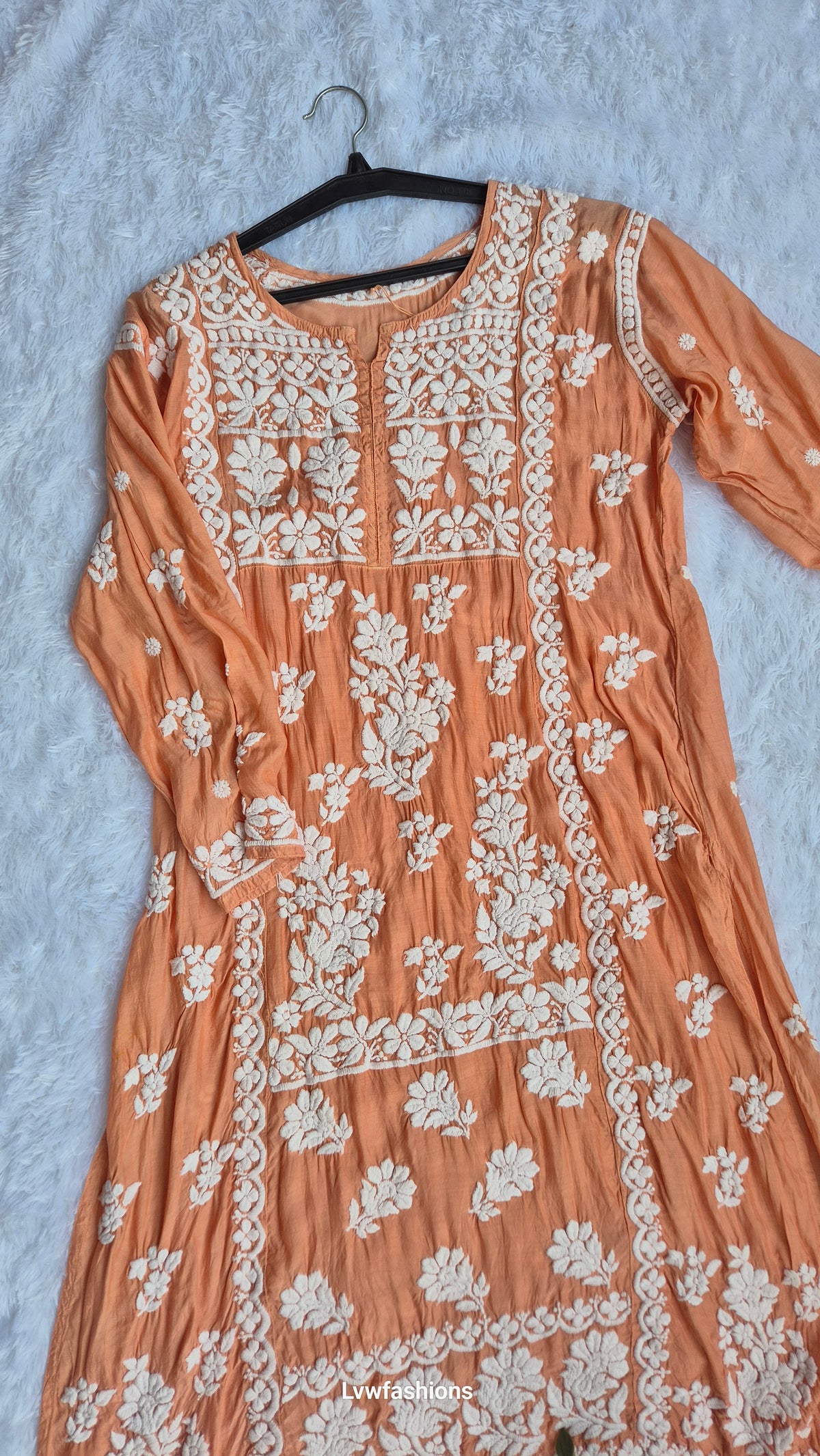 Beautiful premium silk Chikankari long midi tunic by LVW Fashions featuring intricate handmade Lucknow Chikankari embroidery.