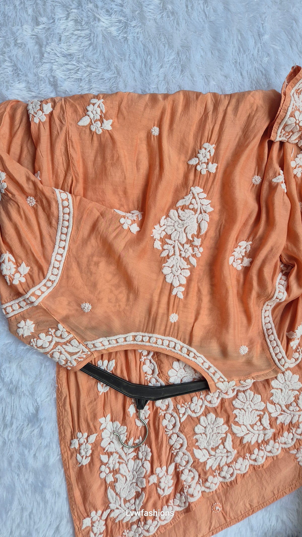 Beautiful premium silk Chikankari long midi tunic by LVW Fashions, handmade Lucknow Chikankari kurta in intricate embroidery.