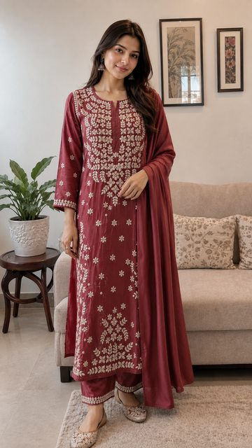 Beautiful Rouge  Shade Pure Mul Silk Chikankari Kurti for Women with kamdani