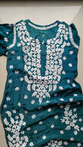 Beautiful teal pure mul silk Chikankari Kurti for women with kamdani detailing, handcrafted by LVW Fashions in Lucknow style.