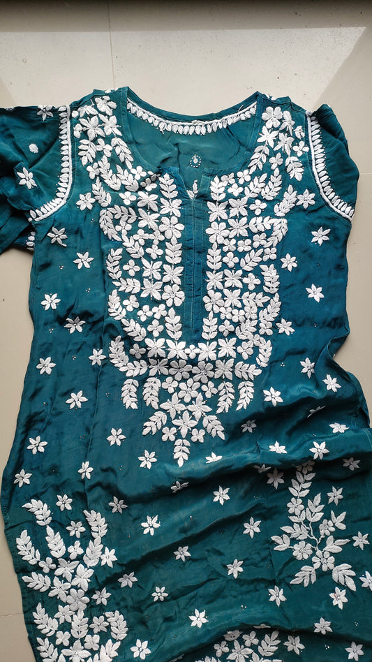 Beautiful teal pure mul silk Chikankari Kurti for women with kamdani detailing, handcrafted by LVW Fashions in Lucknow style.