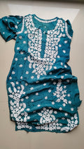 Beautiful teal pure Mul silk Chikankari Kurti for women with intricate kamdani embroidery, handmade by LVW Fashions from Lucknow.