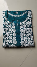 Beautiful teal pure mul silk Chikankari Kurti for women with kamdani, handmade Lucknow Chikankari by LVW Fashions.