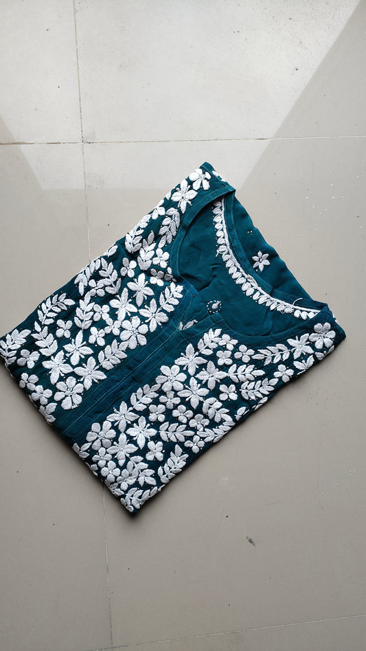 Beautiful teal pure mul silk Chikankari Kurti for women with kamdani, handmade Lucknow Chikankari by LVW Fashions.