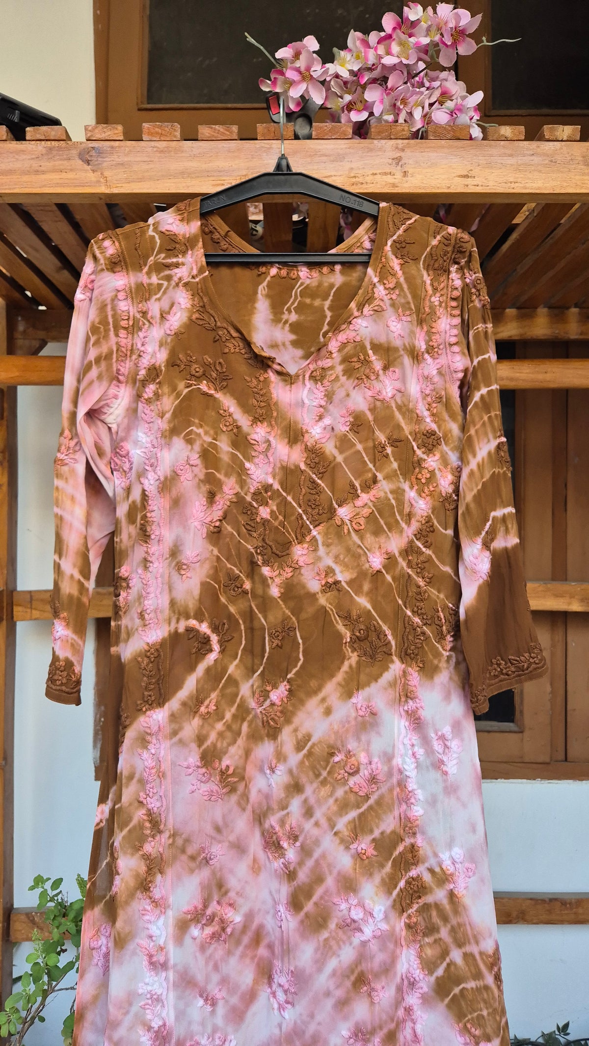 Beautiful handmade Lucknow Chikankari long kurta with colorful tie-dye on premium georgette fabric, featuring straight A-line design.