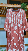 Handmade silk Chikankari long kurta by LVW Fashions with intricate Lucknow embroidery, showcasing beautiful traditional craftsmanship.