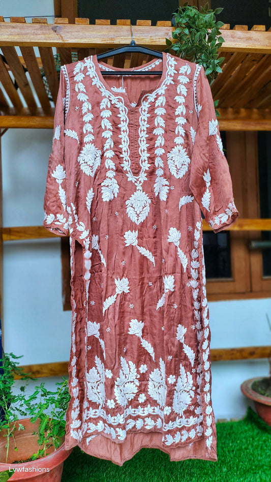 Handmade silk Chikankari long kurta by LVW Fashions featuring intricate Lucknow embroidery and elegant design.