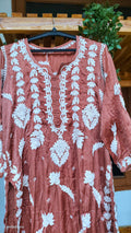 Beautifully designed silk long Chikankari kurta by LVW Fashions with intricate handmade Lucknow embroidery.
