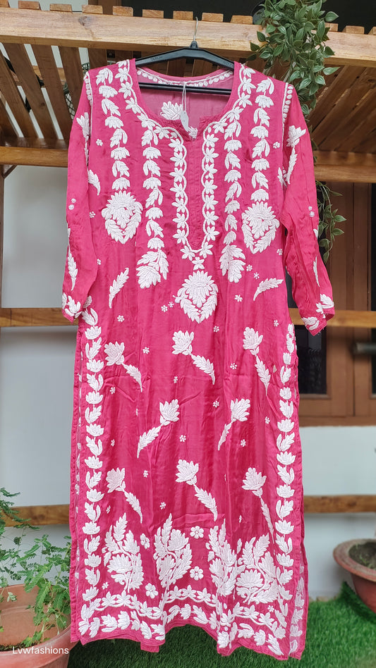 Pink silk long Chikankari kurta by LVW Fashions with intricate handmade embroidery, elegant and beautifully designed for women.