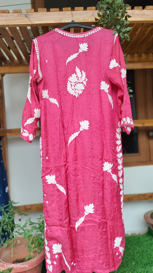 Beautiful pink silk long Chikankari Kurta by LVW Fashions, handcrafted with intricate Lucknow embroidery.