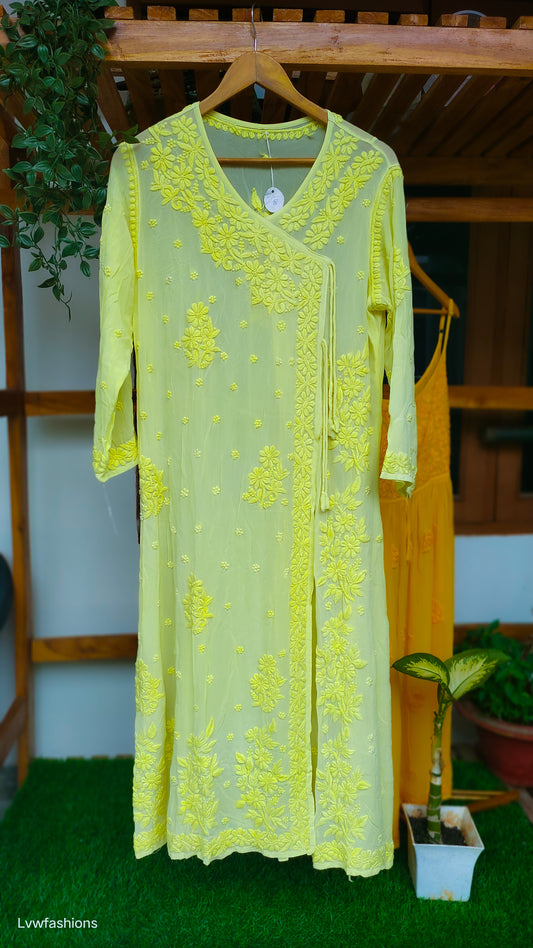 Luxury yellow georgette Angrakha kurta with intricate handmade Lucknow Chikankari by LVW Fashions, showcasing a luxurious, elegant look.