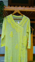 Beauty yellow premium georgette Chikankari Angrakha kurta by LVW Fashions, featuring intricate handmade Lucknow Chikankari details.